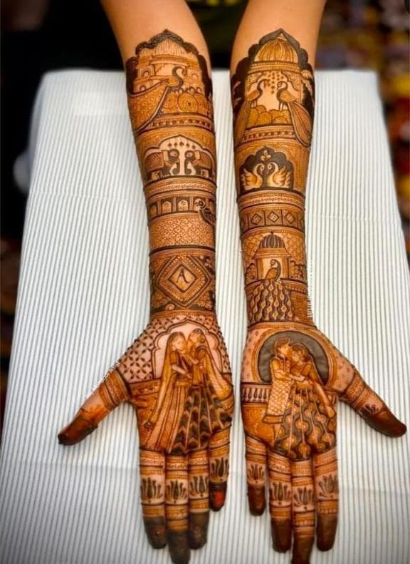 Peacock and elephant bridal forearm design